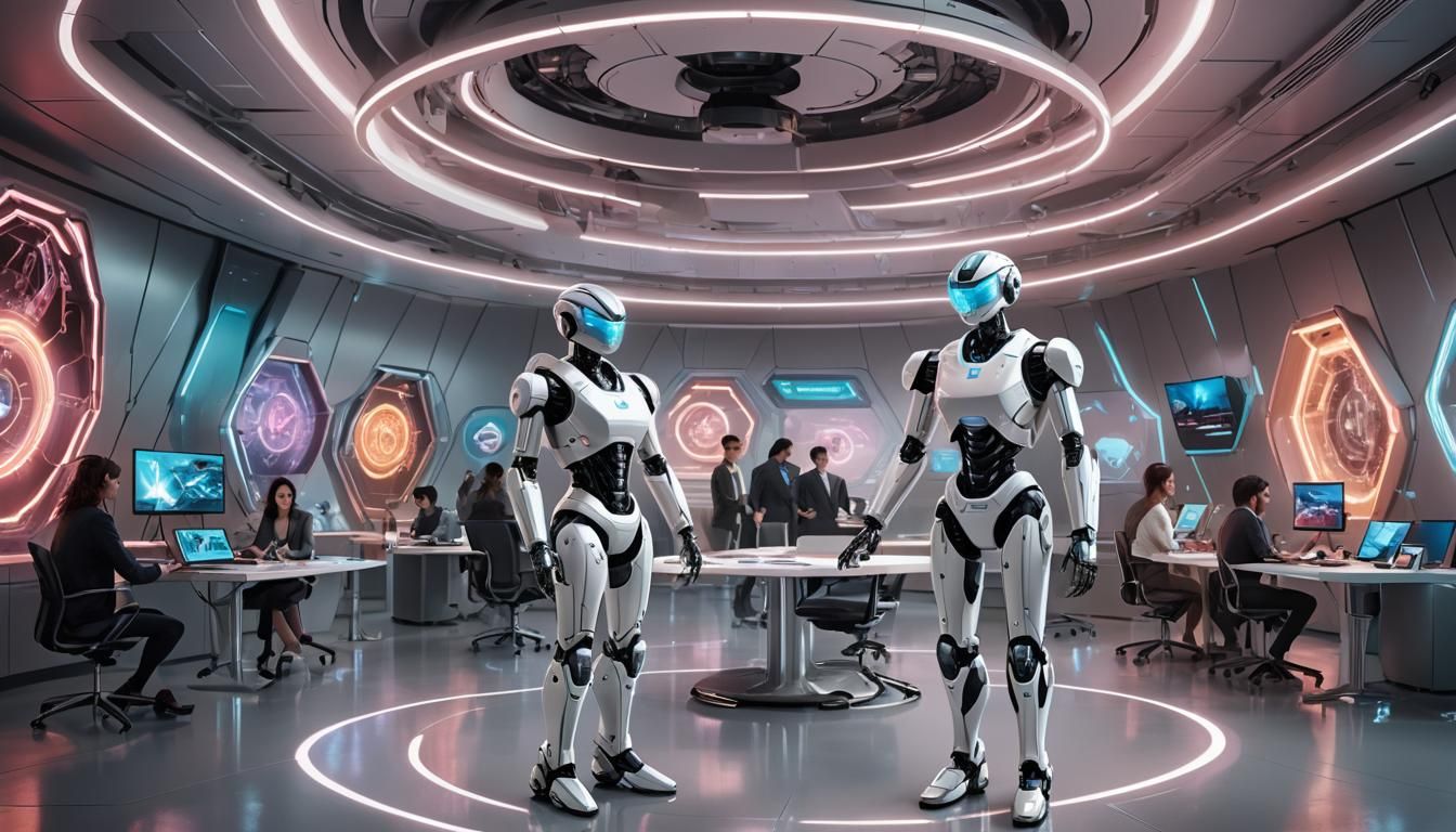 Female AI Robot Directs Humans in Futuristic Office