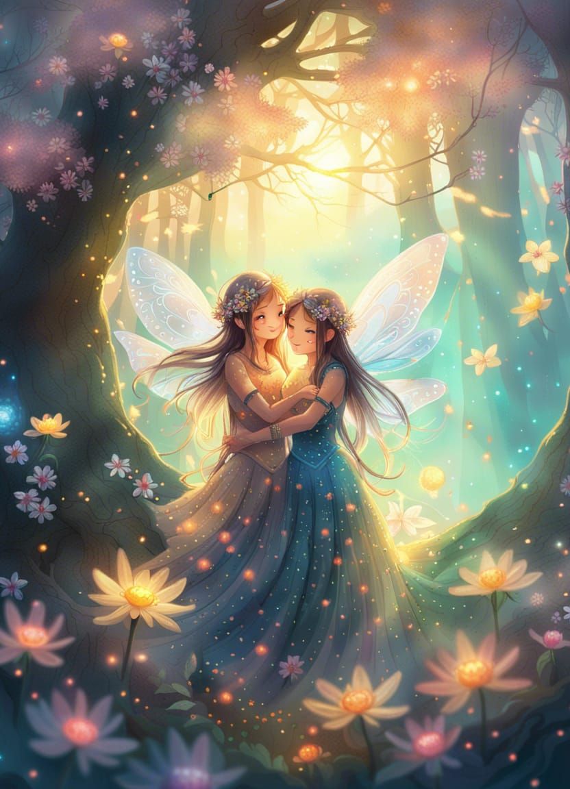 Sister Fairies Embrace in Spring Dream Forest