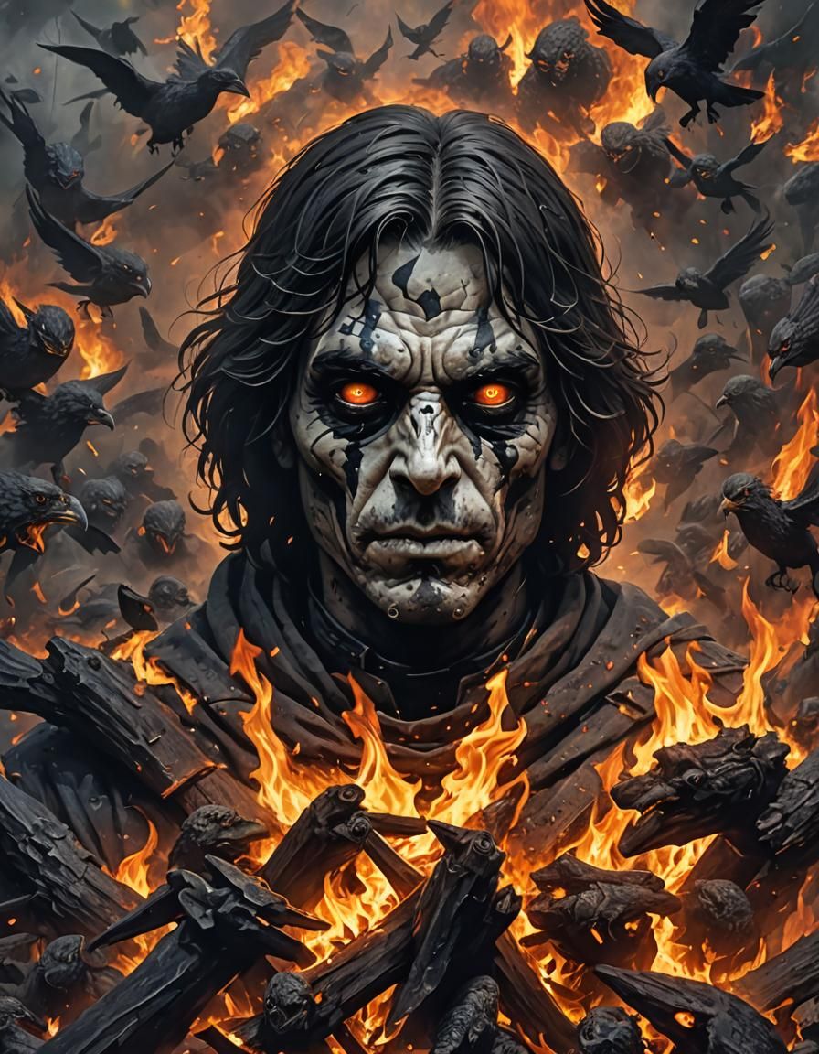 Fierce Raven with Burning Eyes on Dark Background