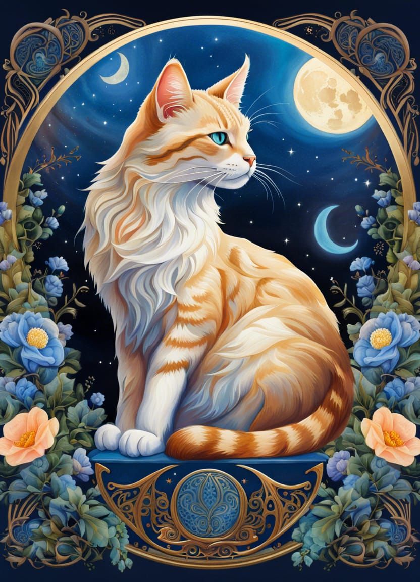 Filigreed Cat Howling at the Moon: Fantasy Tarot Card