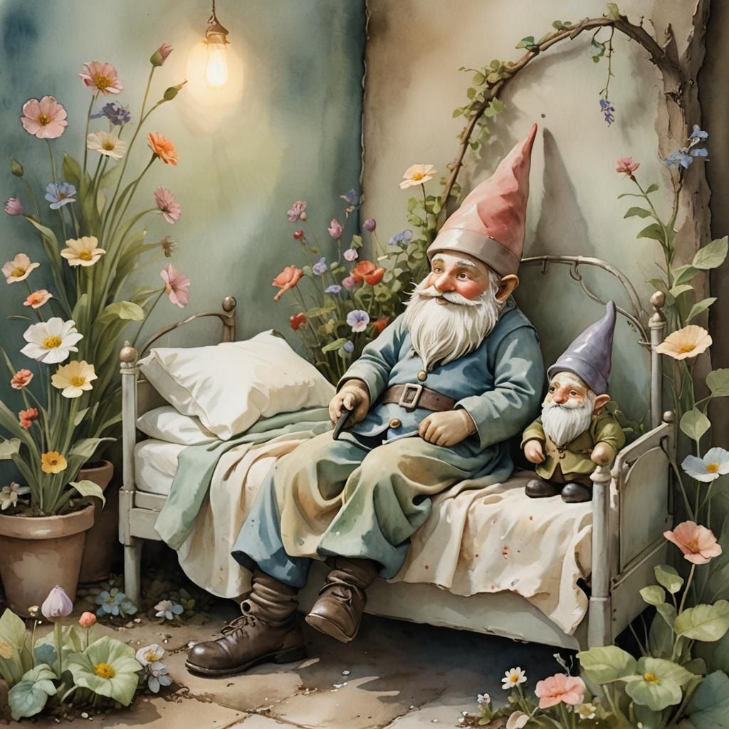 Whimsical Garden Gnome in Hospital, Watercolor Art