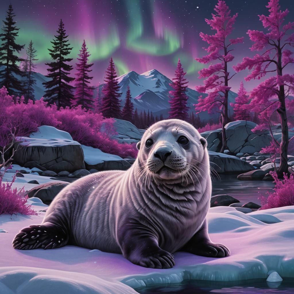 Baby Seal Under Northern Lights in Photorealistic Style