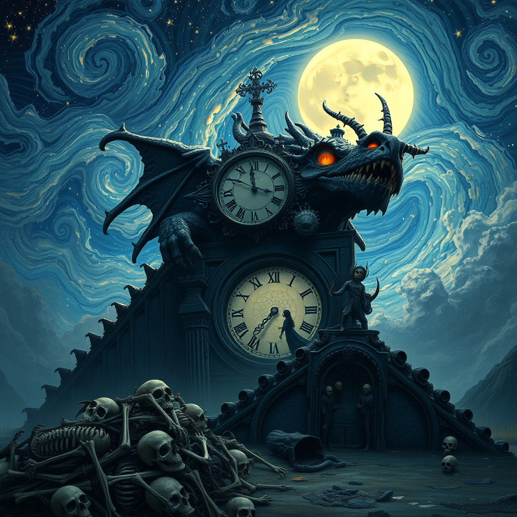 Gothic Dragon Clock Devouring People in Starry Night