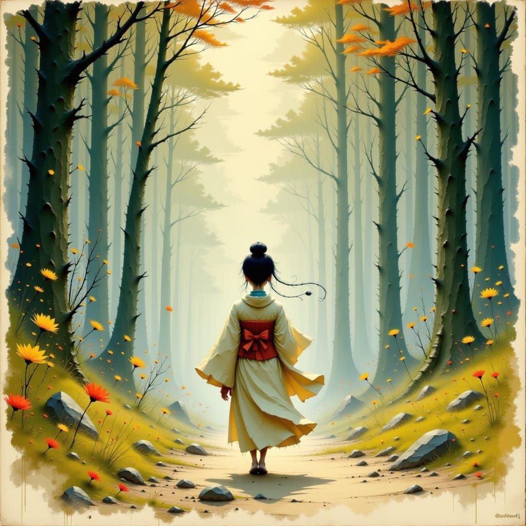 Woman in Forest, Inspired by Whimsical Art Styles