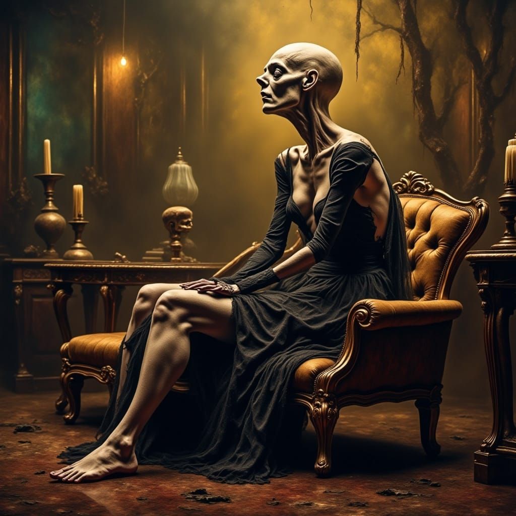 Victorian Parlour Body Dismorphia in Grungy Oil Painting Sty...