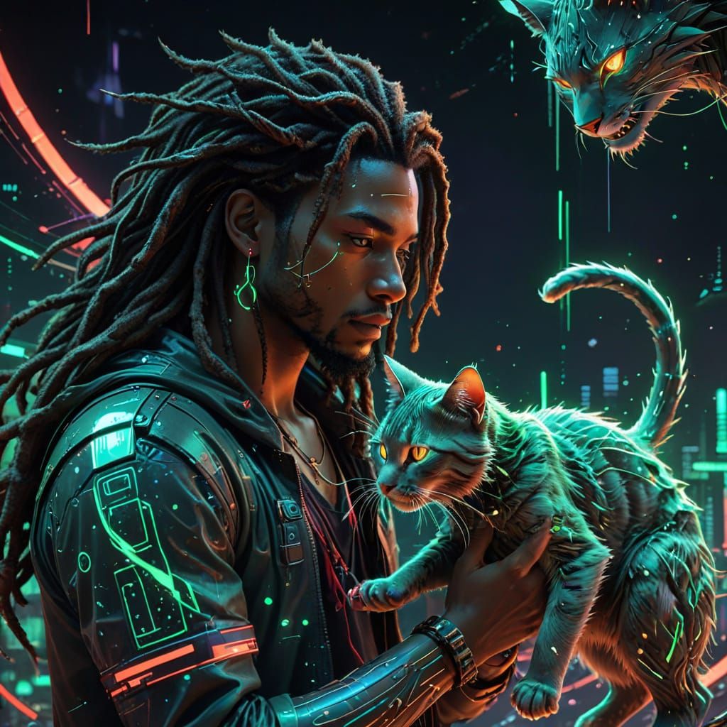 Cyberpunk Cat in Glitching Neon Twilight