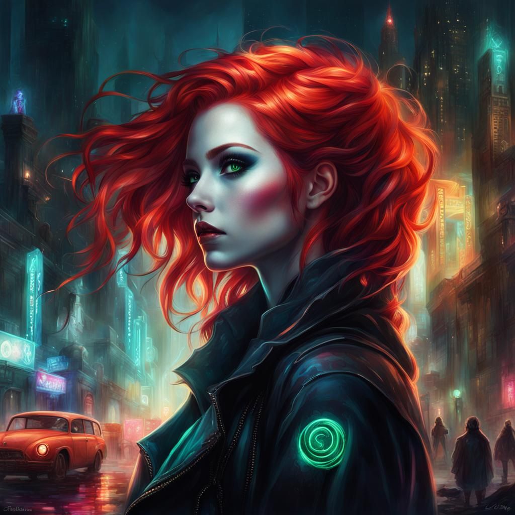 Gothic Woman in Bioluminescent City Ruins, Digital Painting