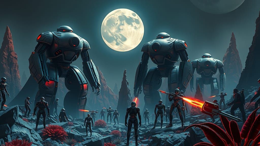 Robots vs Cyborgs on Alien Moon in Hyperrealism