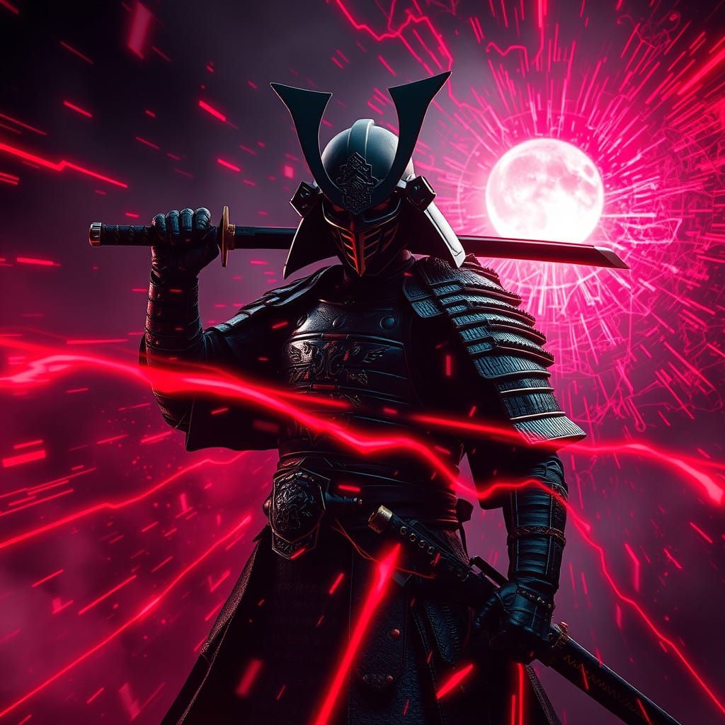 Epic Dark Samurai in Cyberpunk Dystopia