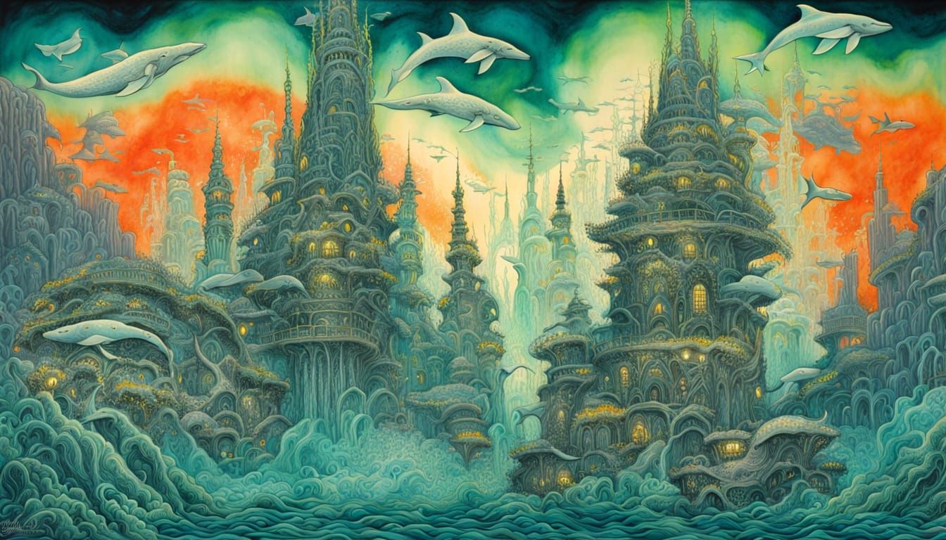 Underwater Metropolis with Bioluminescent Leviathans, Yoshit...