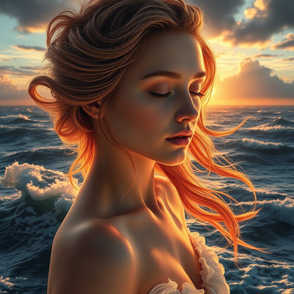 Serene Digital Lady in Majestic Sunrise Landscape