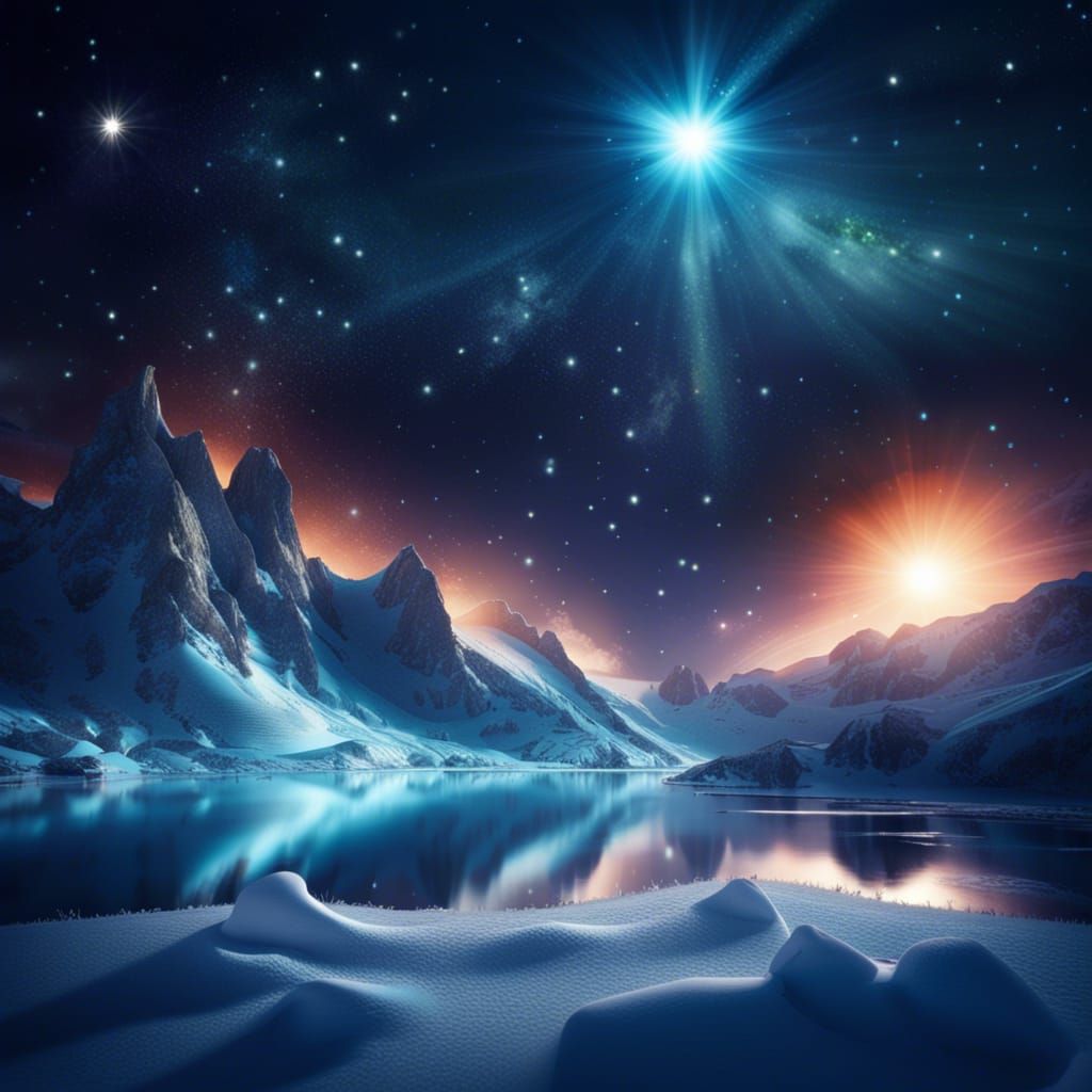 Icy Landscape with Solar Flare at Night