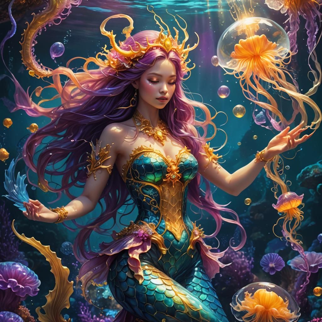 Enchanted Dragon Mermaid with Bioluminescent Jellyfish