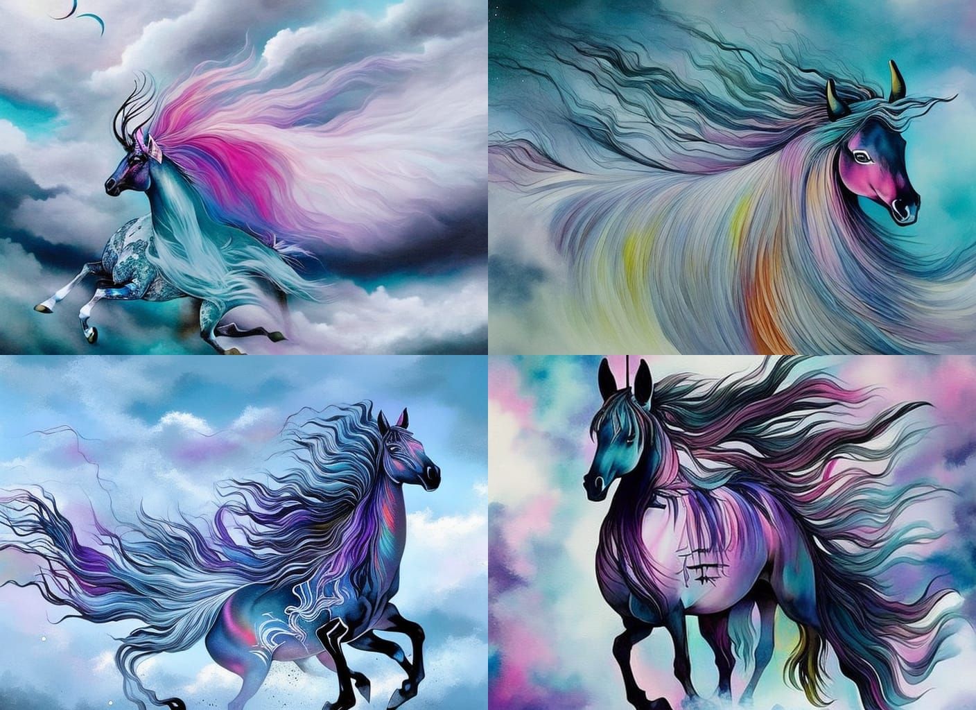 Watercolor Unicorn with Rainbow Mane in Starry Sky