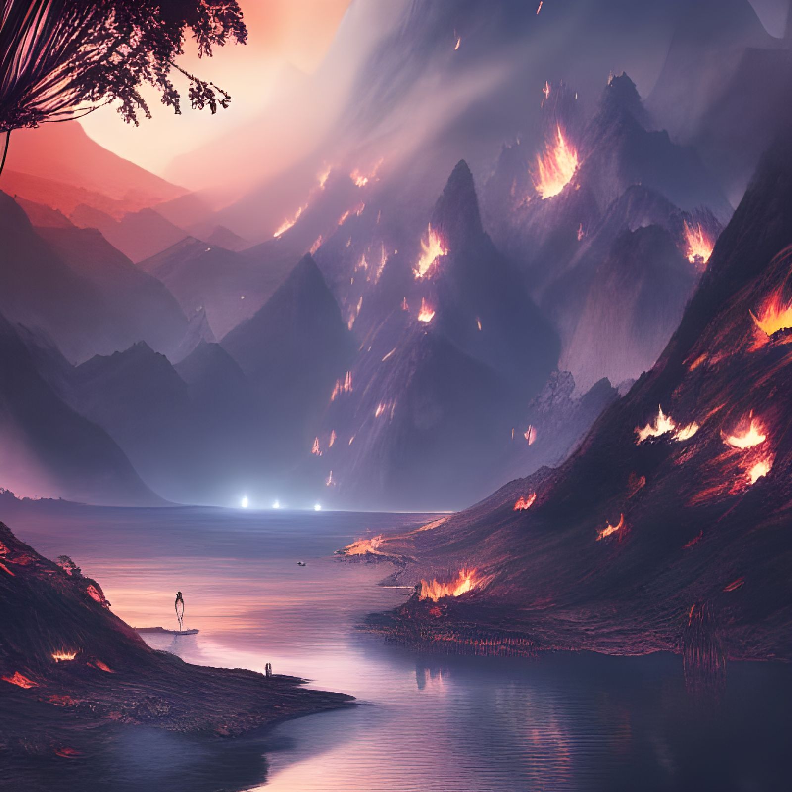 Glowing Fire Lake in Dark Landscape