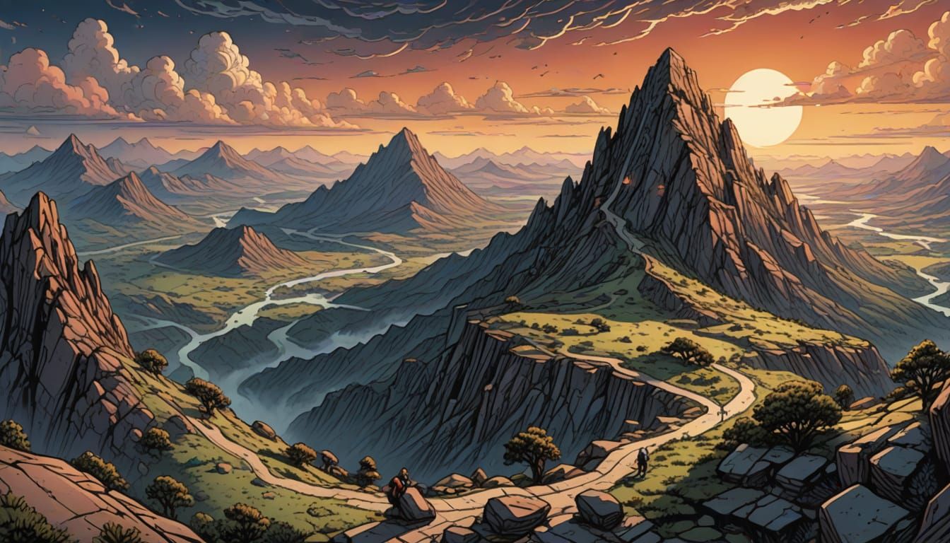 Surreal Mountain Landscape with Alien Nest in Dusk