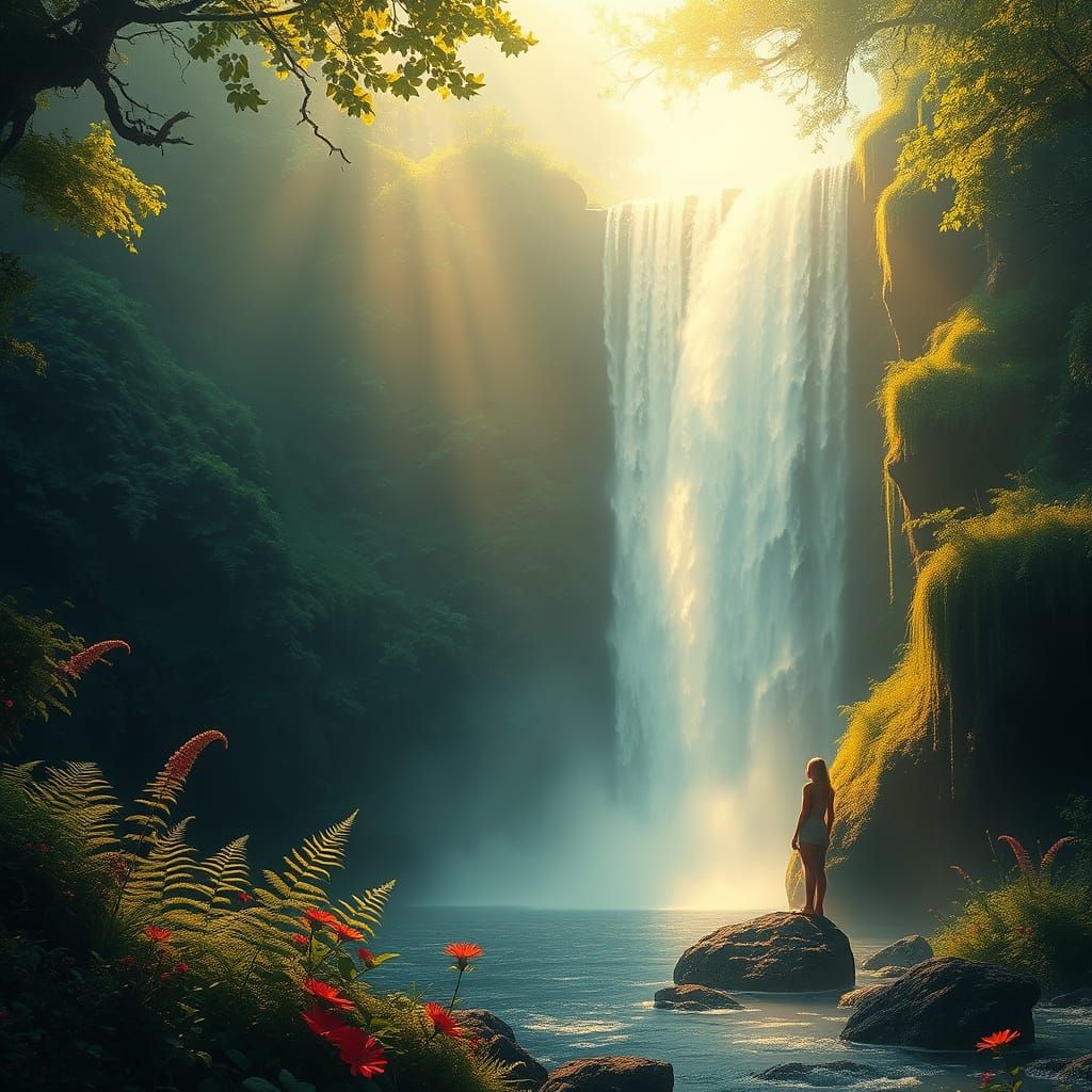 Mystical Waterfall Landscape with Ethereal Lighting