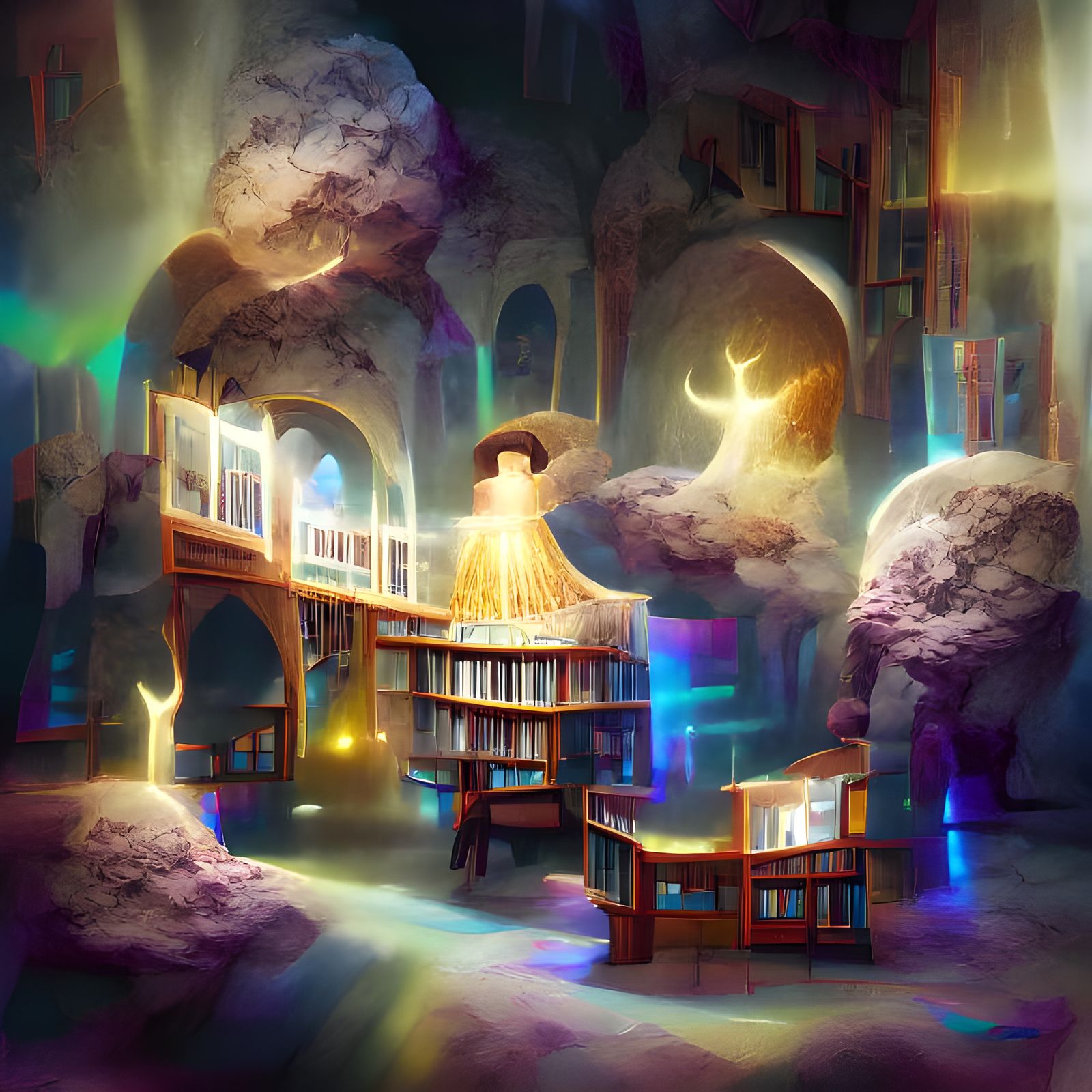 Grand Library Interior with Magical Artifacts