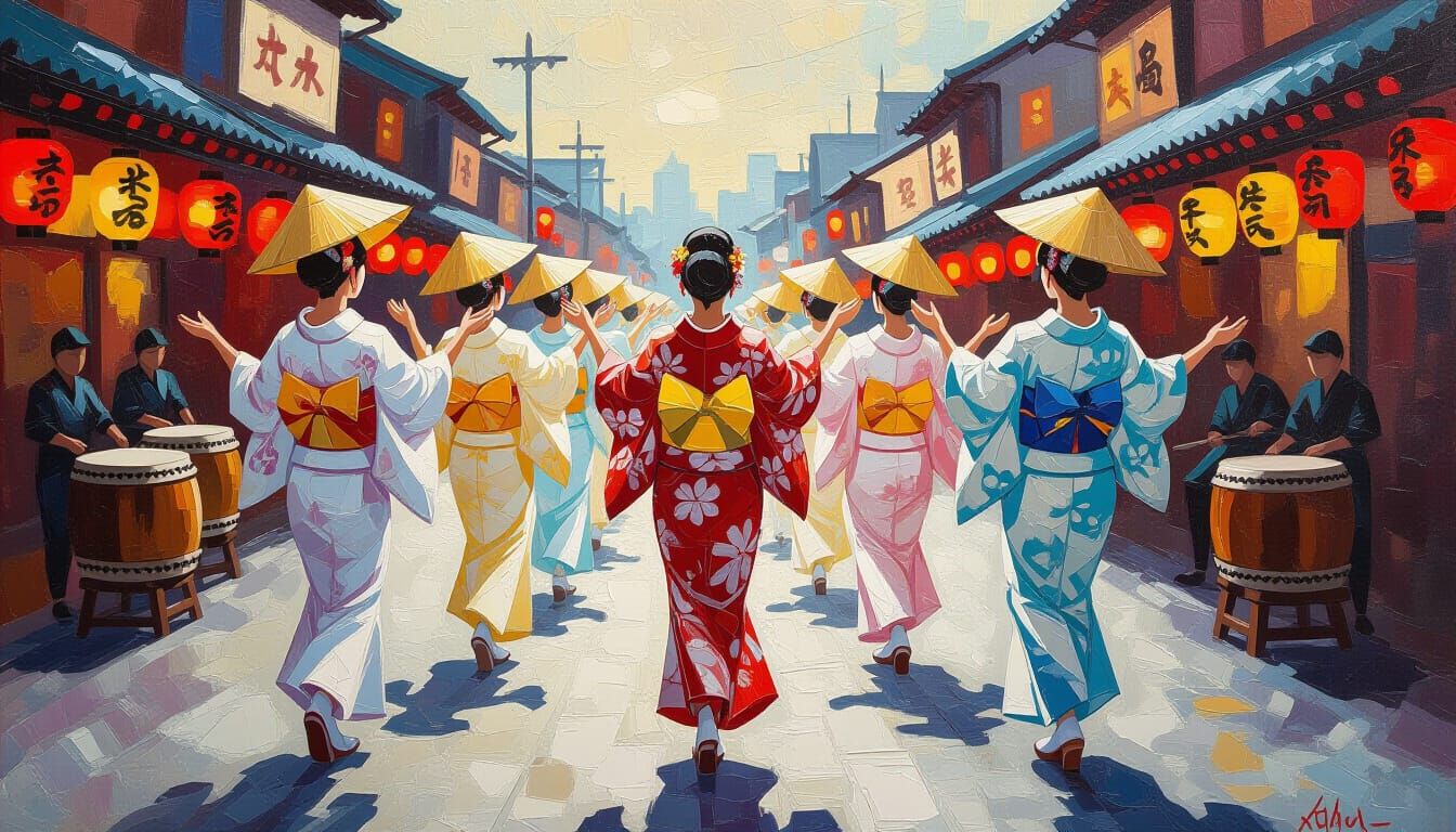 Vibrant Japanese Festival Dancers in Expressive Oil Impasto ...