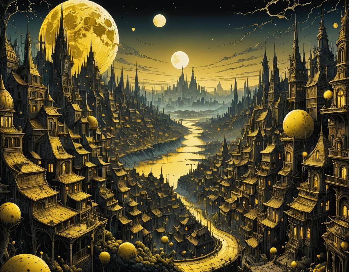 Psychedelic Moon Over Yellow City, Surreal Art