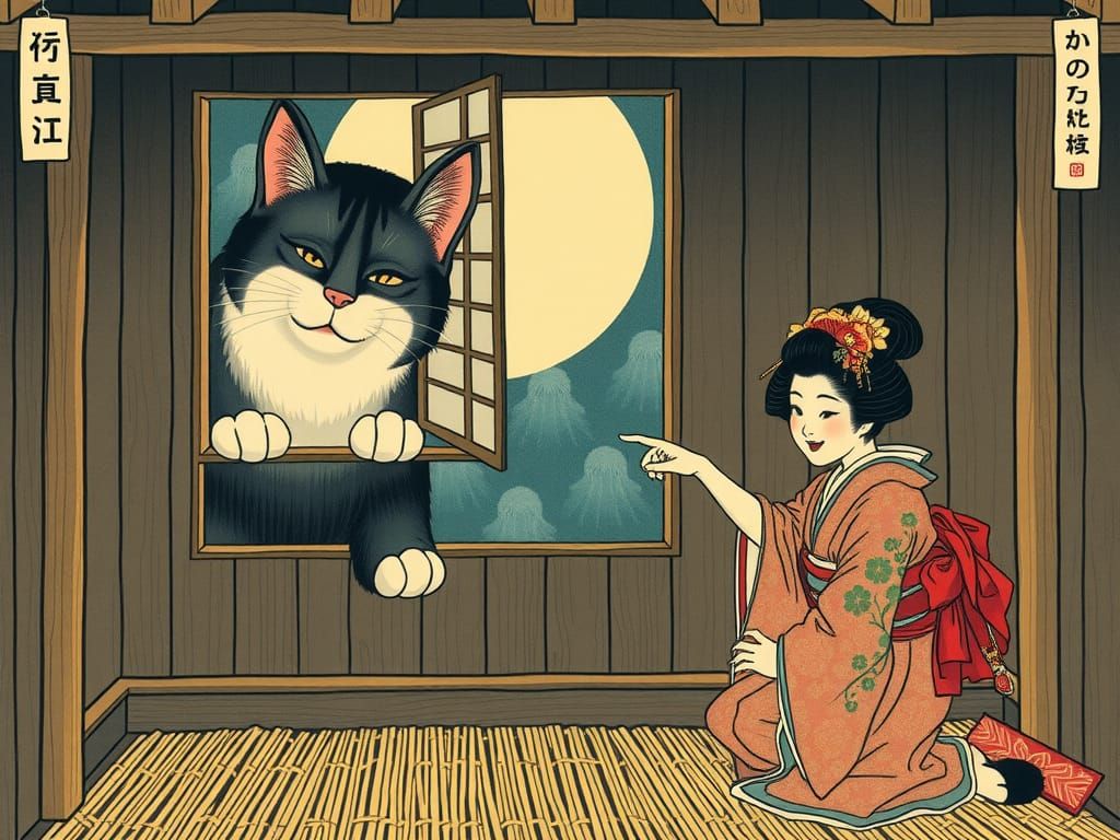 Giant Cat Spirit in Ukiyo-e Style