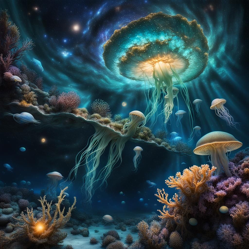 Surreal Galaxy Underwater Scene in Oil Painting Style