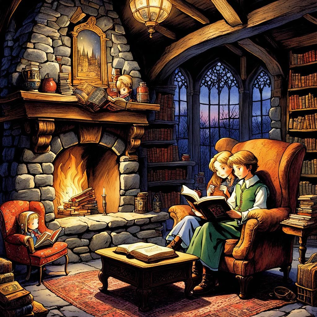 Medieval Fantasy Siblings Reading by Fireplace, Anime Style