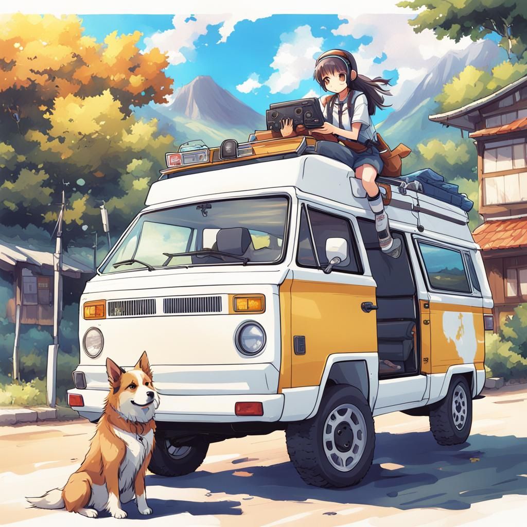 Anime Gamer Girl with Dog in Vanagon