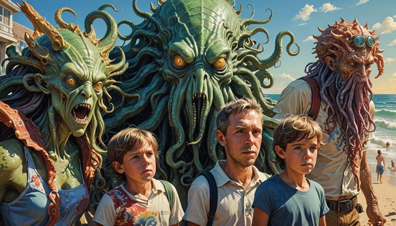 Cthulhu Family Vacation: Hyperrealistic Splash Art