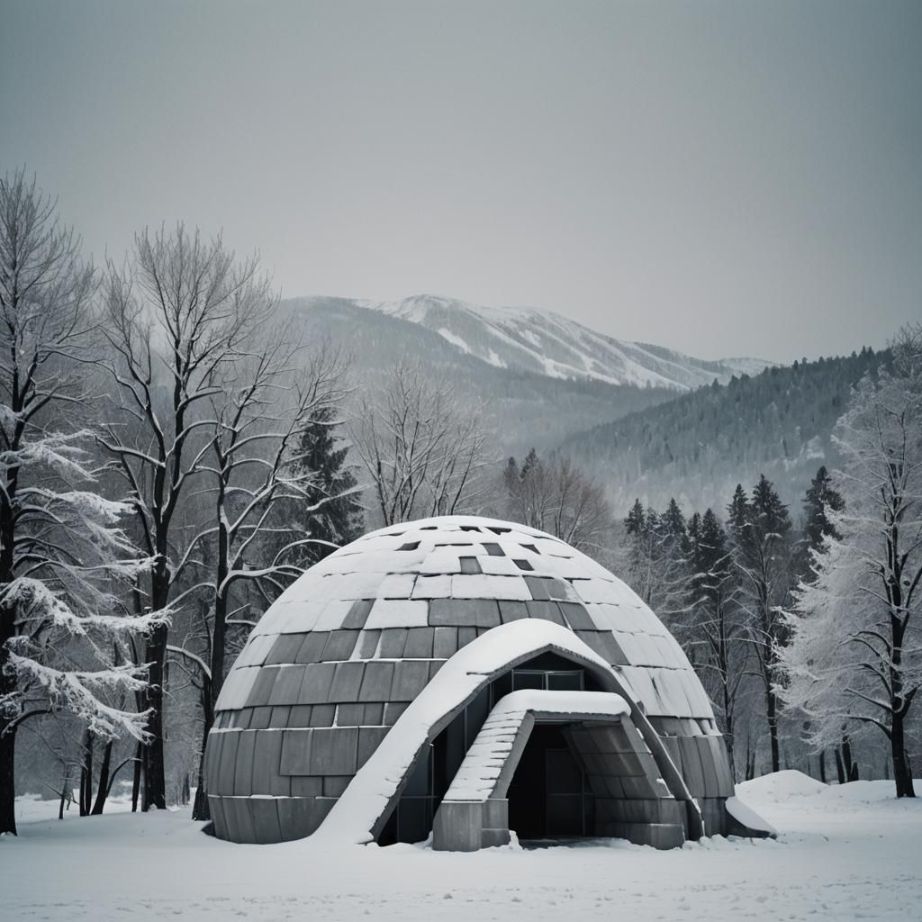 Brutalist Concrete Igloo in Snowy Landscape