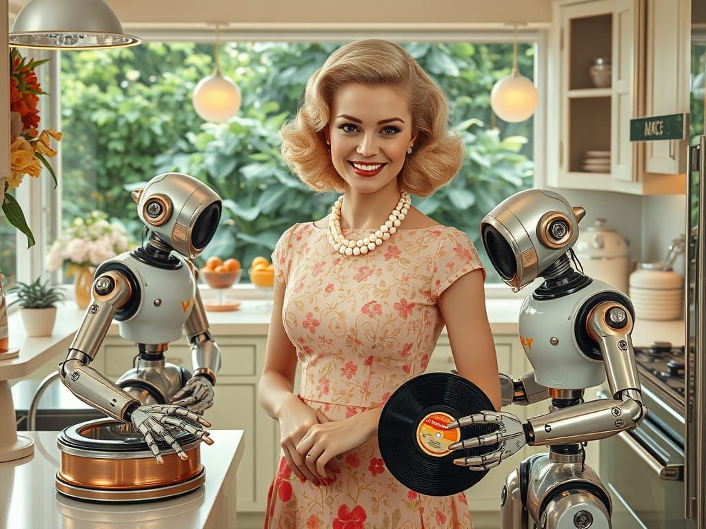 Blonde Housewife in Retrofuturistic Kitchen Oasis