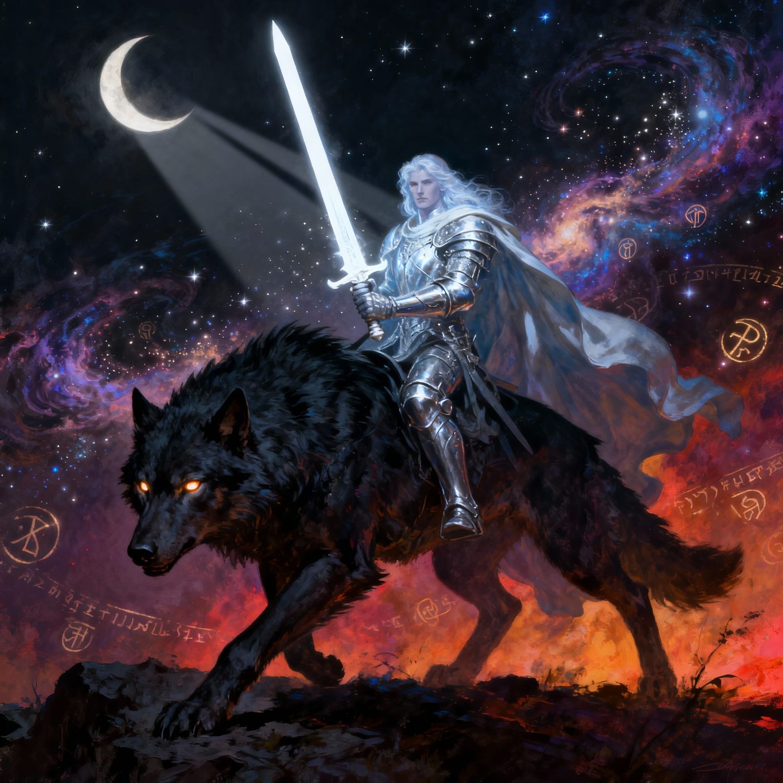 Ethereal Knight on Obsidian Wolf with Magical Sword