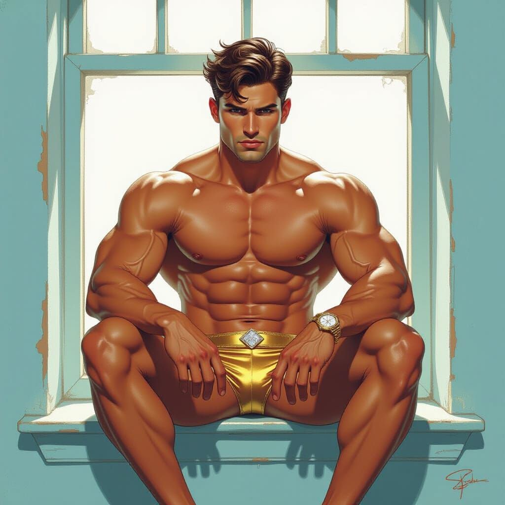 Muscular Man in Golden Thongs with Dramatic Lighting