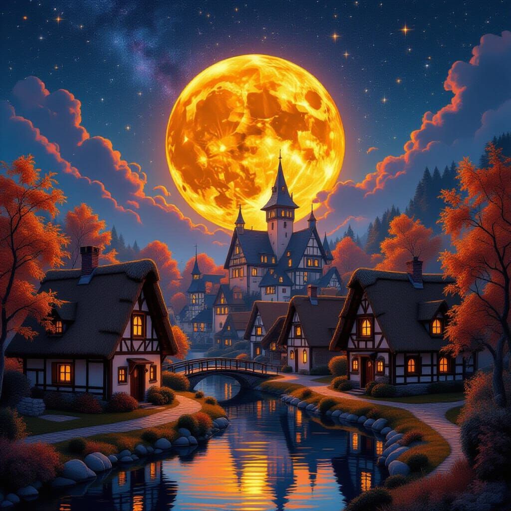Magical Medieval Village Under Cosmic Moonlight