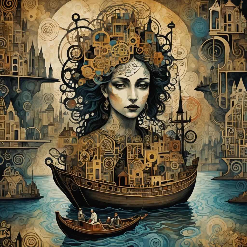 River Thames Boat Silhouette in Steampunk Labyrinth