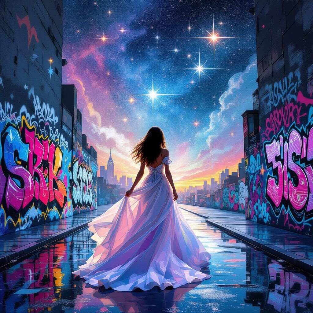 Cosmic Girl Watching AI in Graffiti Splash Art