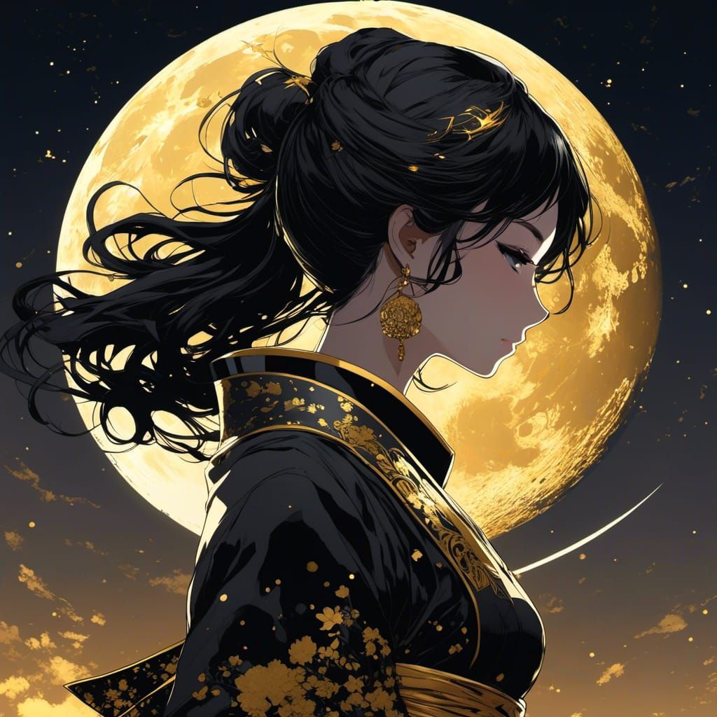 Silhouette Anime Girl Against Moon in Splatter Paint Style