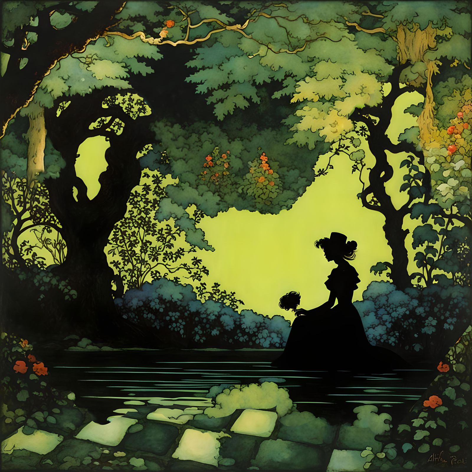 enigmatic garden, neon silhouette, by Arthur Rackham and Edm...