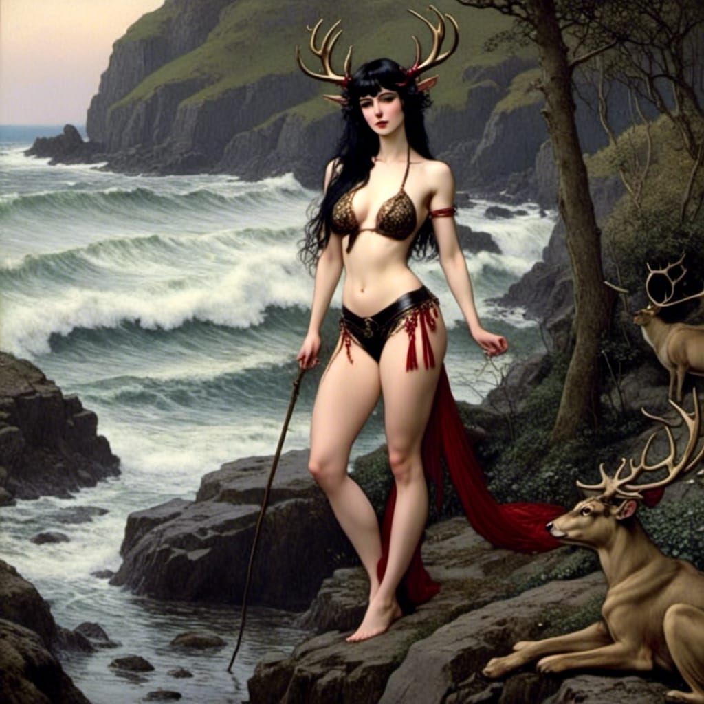 Antlered Woman on Rocky Shore, Art Nouveau Style