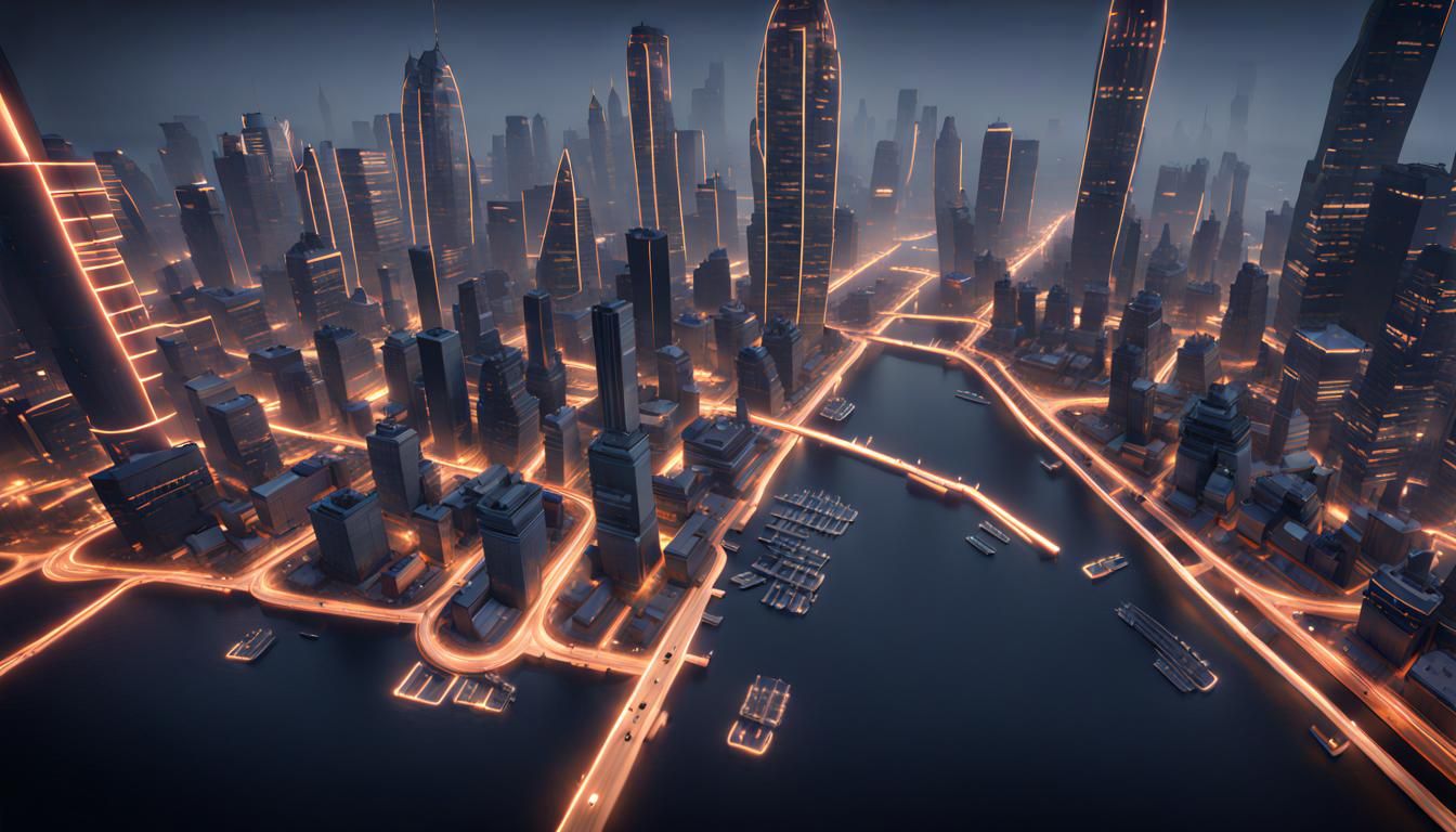 Futuristic Video Game Map with Seven Cities in 16k