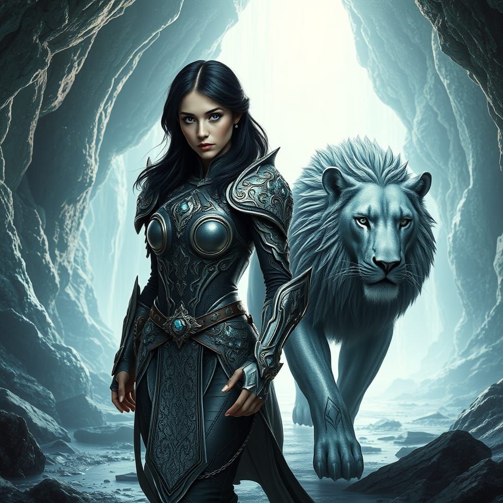 Majestic Warrior Woman with Lion in Crystalline Cave
