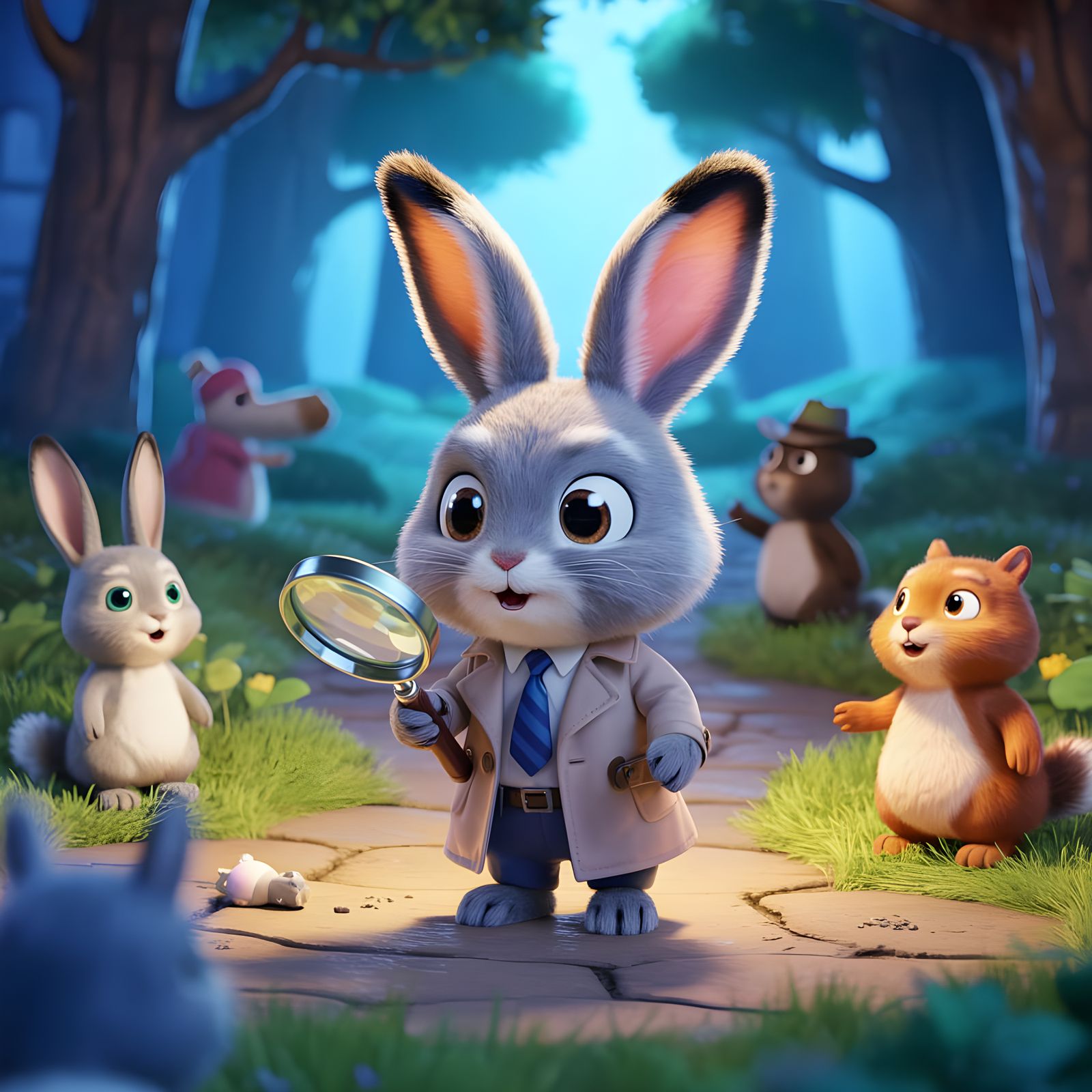 Cartoon Bunny Detective Investigates Forest Crime Scene