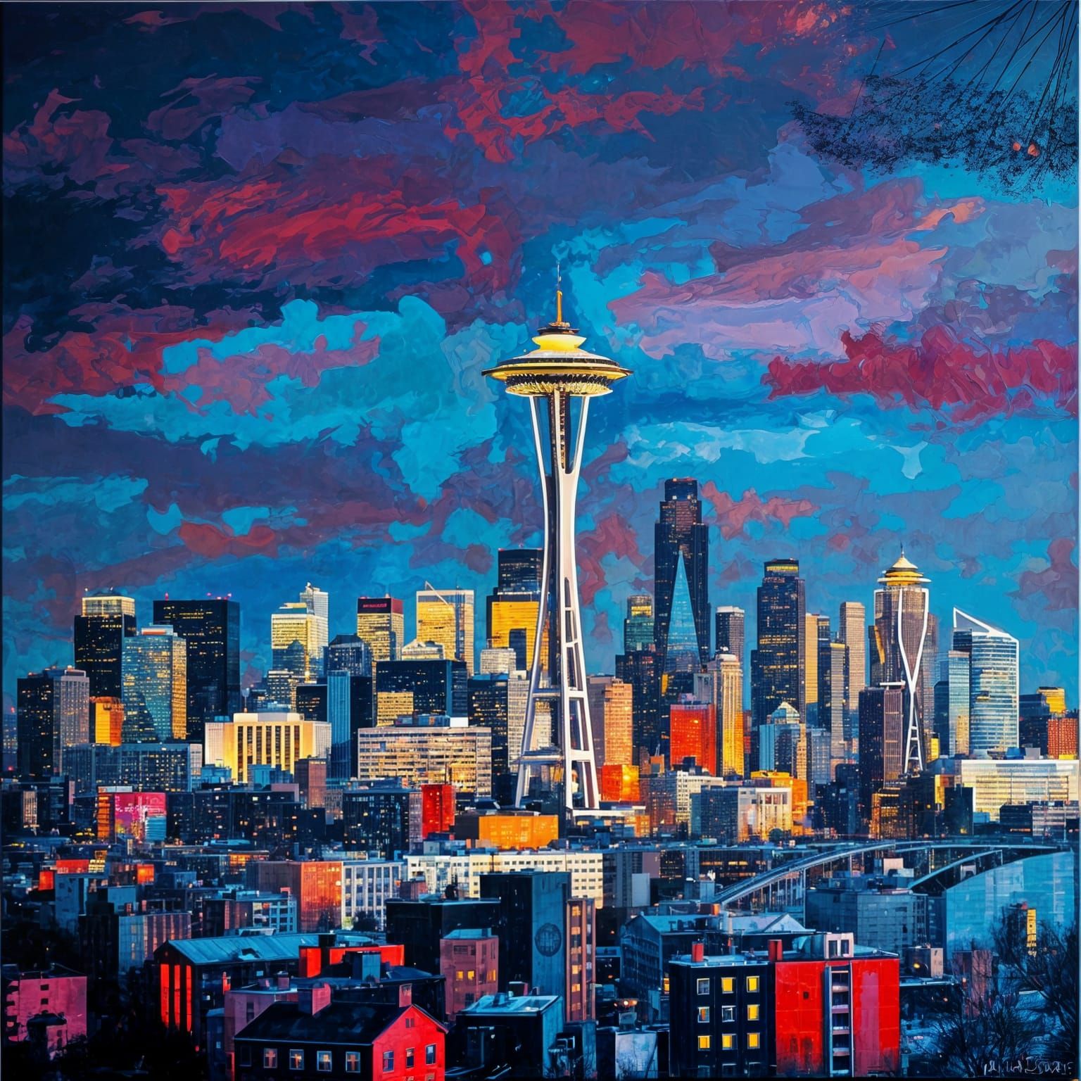 Seattle Skyline in Post-Modern Oil Painting