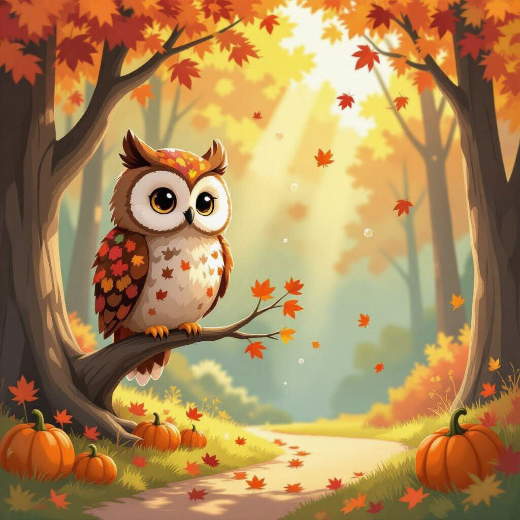 Anime Owl & Fox in Autumn Forest with Light Rays