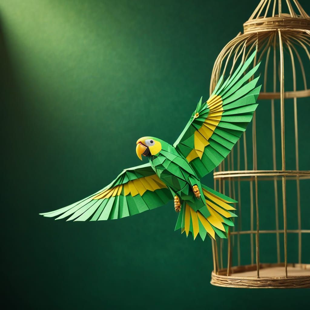 A Bright Green Parrot Soars Free in Delicate Origami Papercr...