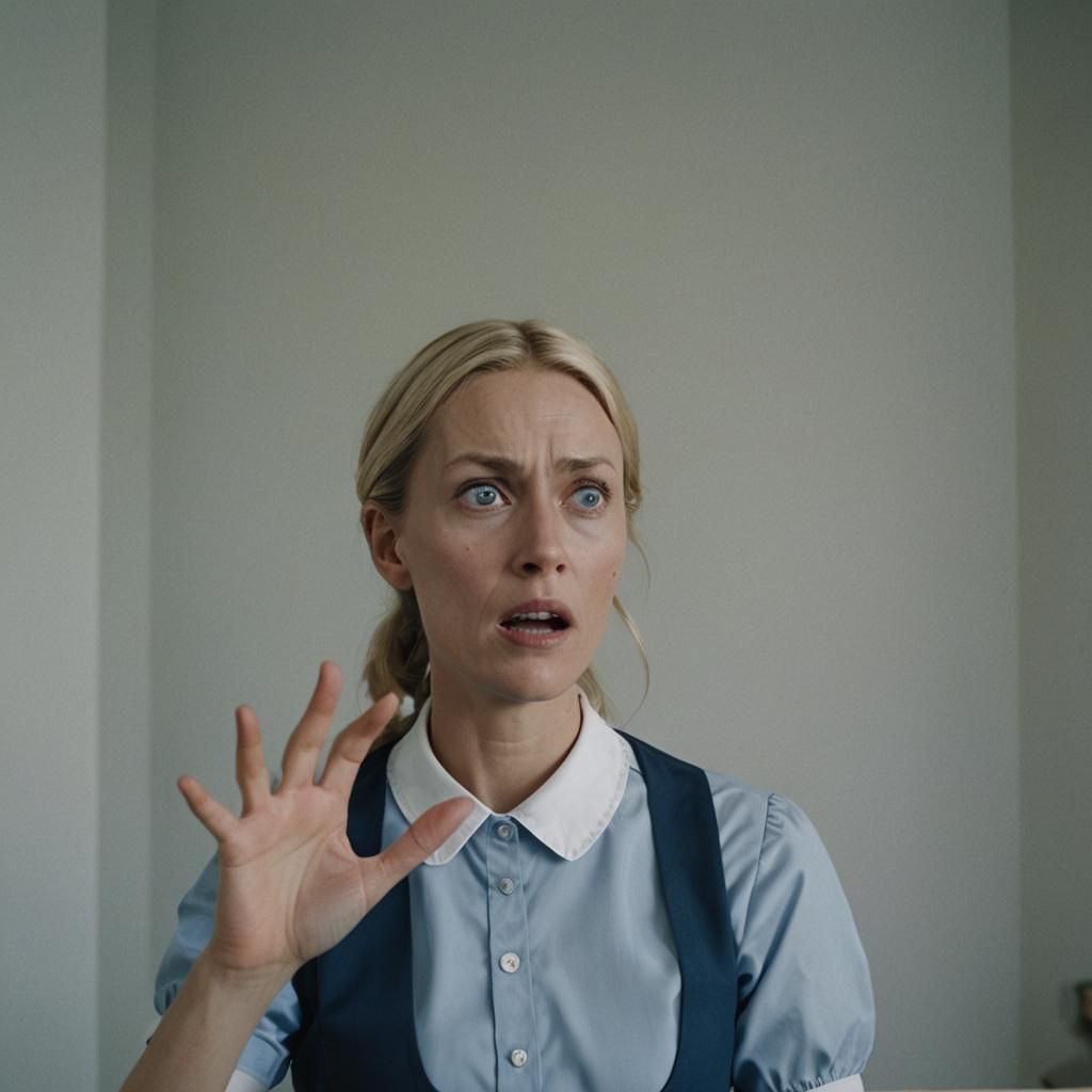 Surprised Maid in Hotel Room, Cinematic Still