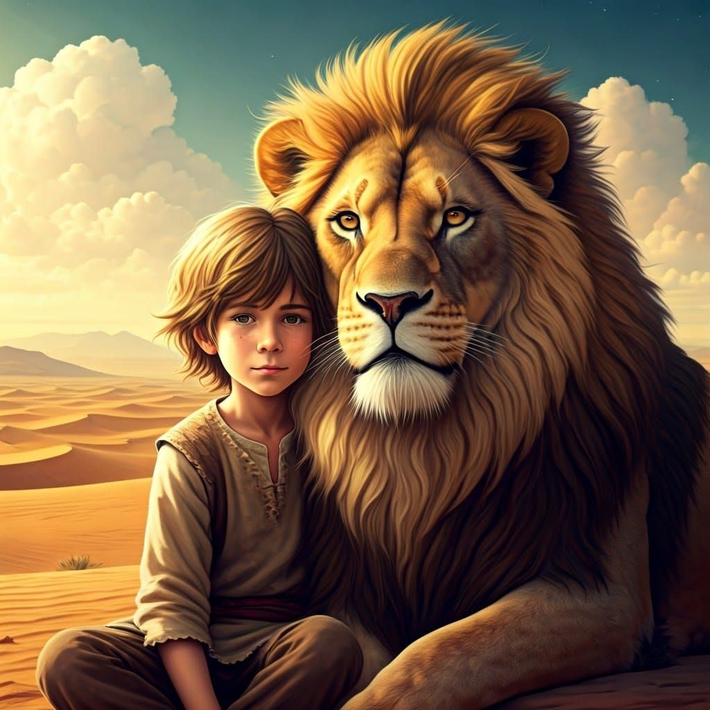 Boy and Lion in Desert Landscape, Cosmic Illustration