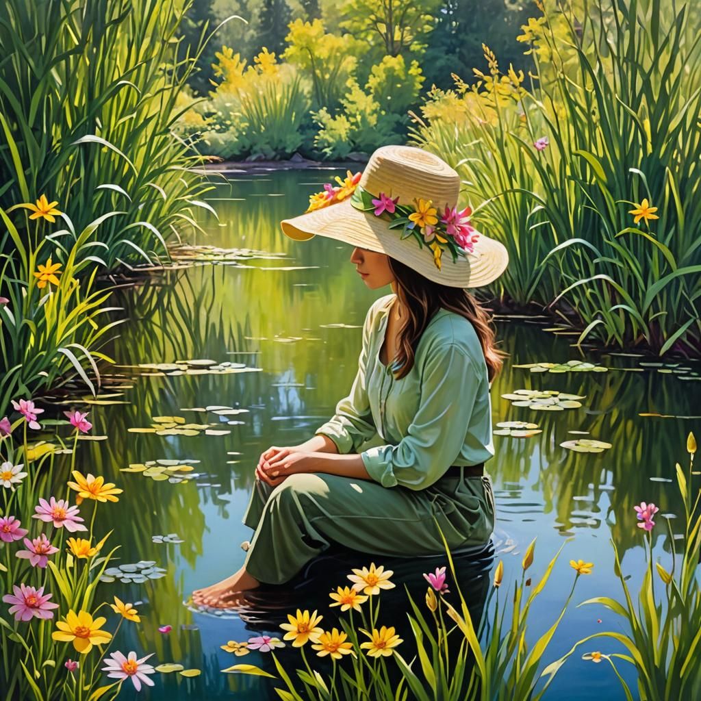 Woman in Floral Hat by Lake: Impasto Acrylic Painting