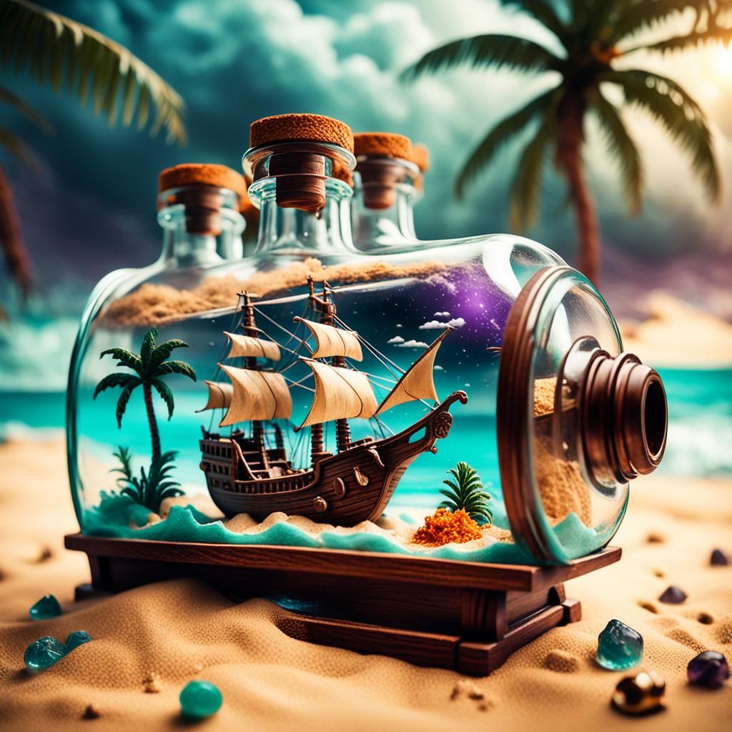 Miniature Pirate Ship in a Bottle: Cinematic Still