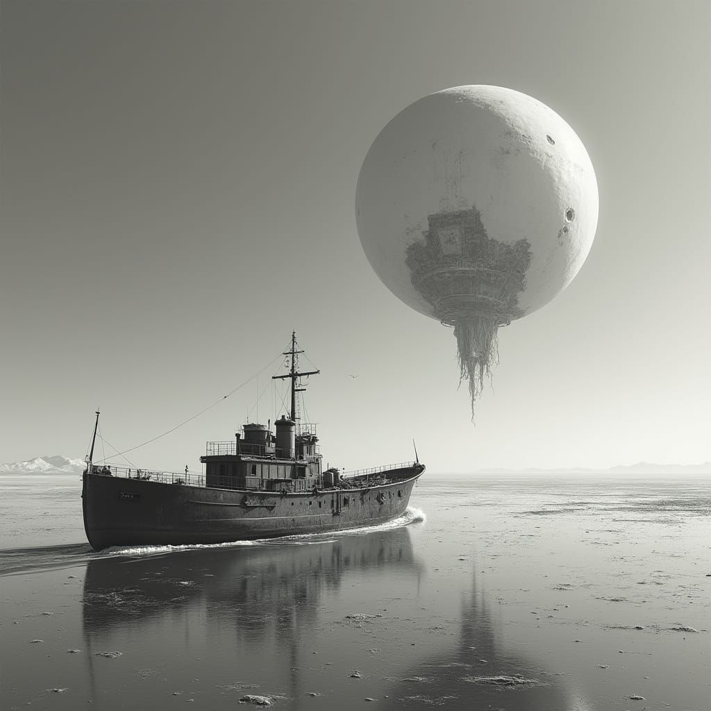 Desolate Transport Ship Drifts Across Metallic Planet's Liqu...